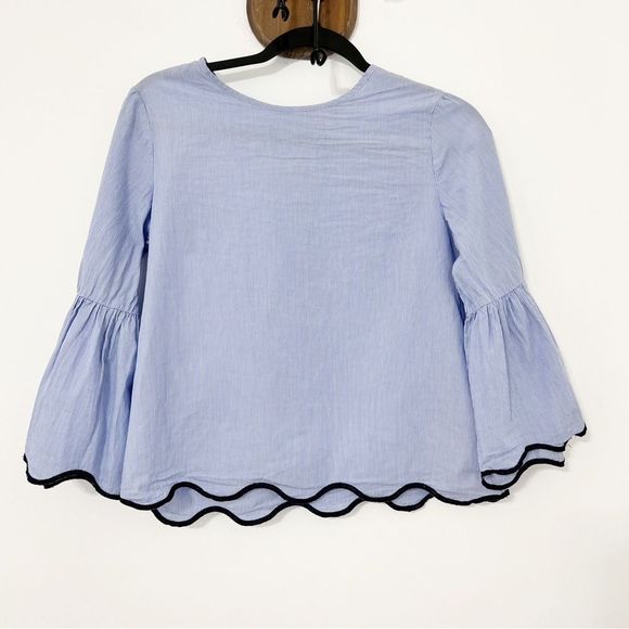 Zara Tops - Zara Basic Micro Stripe Bell Sleeve Blouse with Scalloped Hem and Sleeve Blue